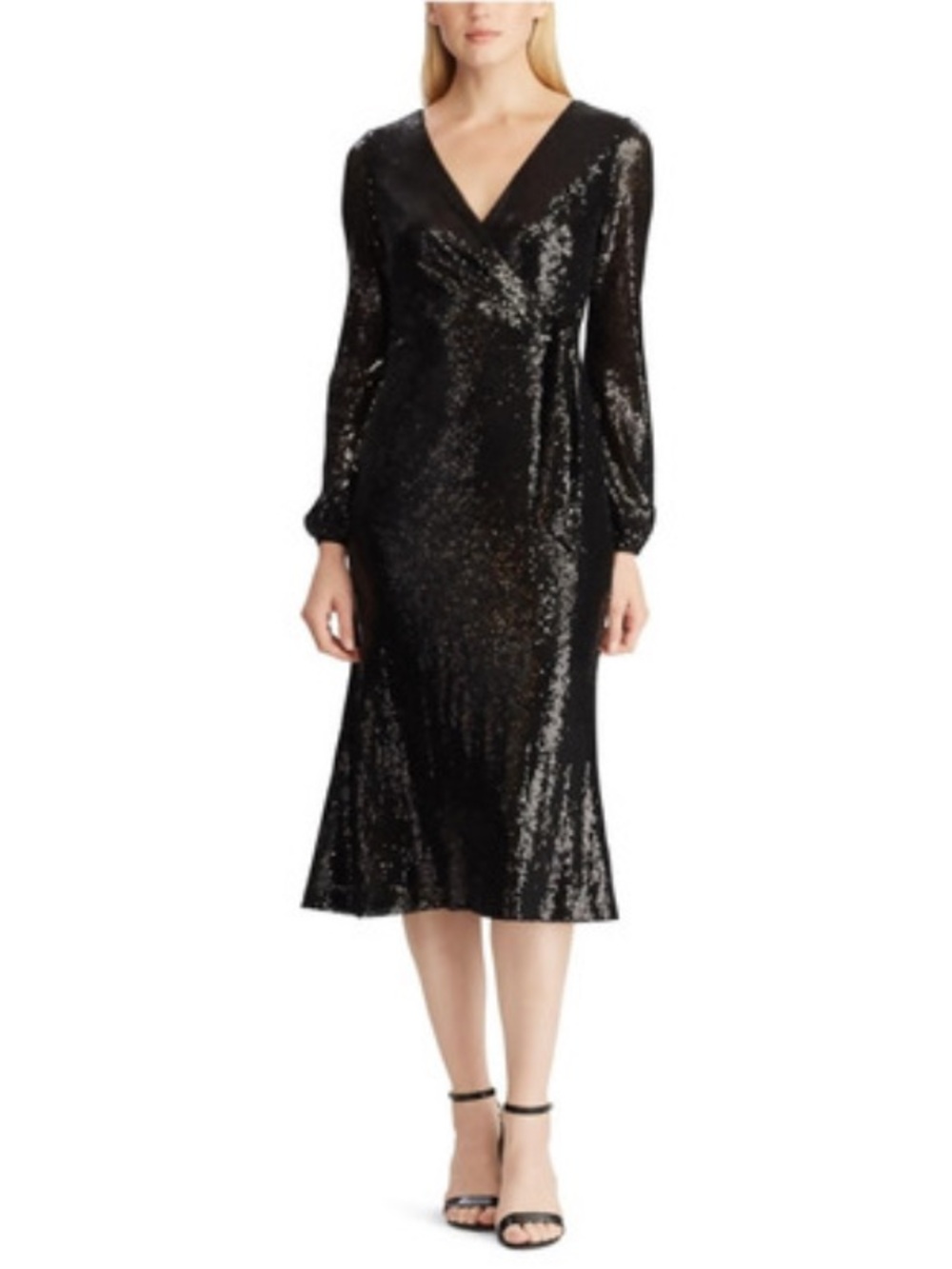 New! Lauren Ralph Lauren Black Sequined Long-Sleeve Faux-Wrap Midi Dress